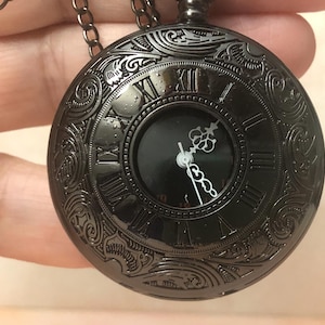 Pocket Watch - Men’s Black Gunmetal Watch with Chain - Roman Numeral Design - Battery Powered - NEW