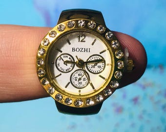 Round with Rhinestone Accents - Bozhi Quartz Analog Watch Ring - Choose Your Color - Fits up to Size 8 - Gifts
