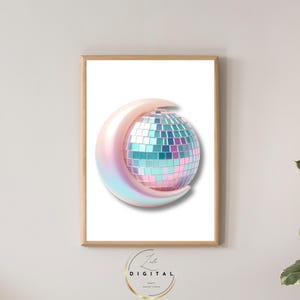 ディスコ ムーン | 天体ムーン | ディスコ クレセント ムーン パステル ウォール アート | デジタル ダウンロード | ウォール アート | ディスコ ボール ポスター