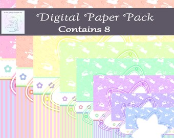 Digital Paper Pack Cute Stars, Stripes & Bunnies