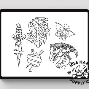May include: Black and white line art tattoo flash sheet featuring a dagger, eagle, butterfly, heart with arrow, and two horses' heads. The sheet also includes the text "Idle Hands Supply Co."
