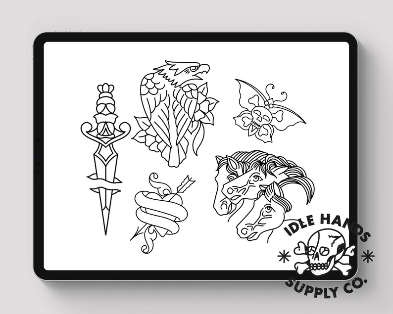 May include: Black and white line art tattoo flash sheet featuring a dagger, eagle, butterfly, heart with arrow, and two horses' heads. The sheet also includes the text "Idle Hands Supply Co."