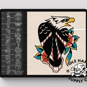 May include: A black and white traditional tattoo flash design of an eagle with red and blue flowers. The design is on a white background with the text "IDLE HANDS SUPPLY CO." in black.
