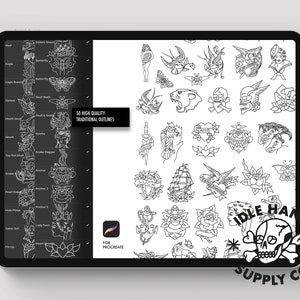 May include: A digital illustration of 50 traditional tattoo flash designs, including a wolf, eagle, butterfly, skull, snake, anchor, heart, rose, and more. The designs are outlined in black and white and are perfect for use in tattooing or other creative projects. The image also includes the text "50 High Quality Traditional Outlines" and "For Procreate".