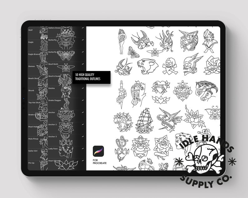 May include: A digital illustration of 50 traditional tattoo flash designs, including a wolf, eagle, butterfly, skull, snake, anchor, heart, rose, and more. The designs are outlined in black and white and are perfect for use in tattooing or other creative projects. The image also includes the text "50 High Quality Traditional Outlines" and "For Procreate".