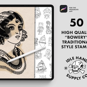 May include: A digital tablet displaying tattoo-style illustrations and text. The screen shows a woman's portrait and various traditional tattoo designs. Text reads "50 High Quality Bowery Traditional Style Stamps" and "Idle Hands Supply Co."