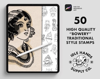 50 Procreate Traditional Tattoo ‘Bowery' Style stamps, Procreate Stamp, Brushes / Digital Download
