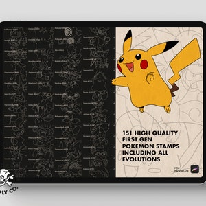 May include: A digital illustration of Pikachu, a yellow electric-type Pokemon, on a black background. The image also includes a grid of 151 black and white Pokemon outlines, labeled with their names and numbers. The text "151 High Quality First Gen Pokemon Stamps Including All Evolutions" is displayed below Pikachu. The text "For Procreate" is displayed in the bottom right corner.