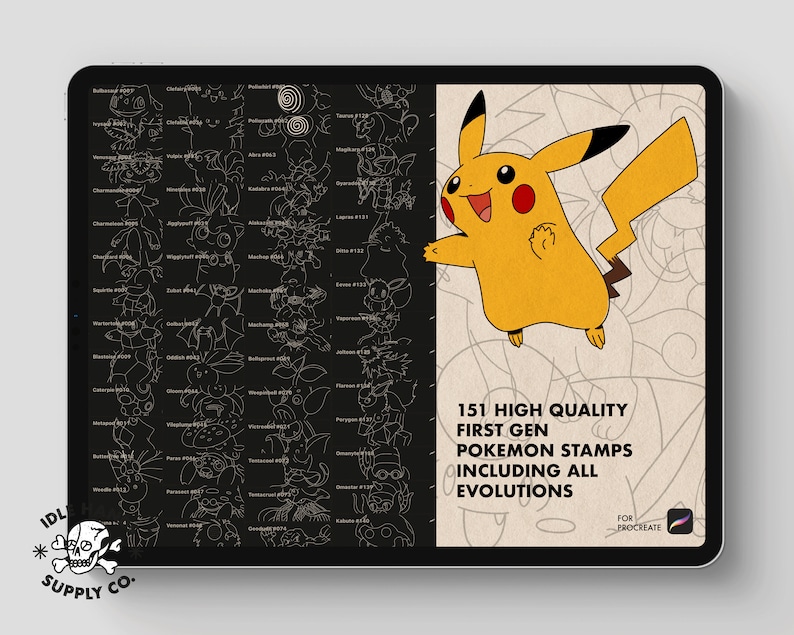 May include: A digital illustration of Pikachu, a yellow electric-type Pokemon, on a black background. The image also includes a grid of 151 black and white Pokemon outlines, labeled with their names and numbers. The text "151 High Quality First Gen Pokemon Stamps Including All Evolutions" is displayed below Pikachu. The text "For Procreate" is displayed in the bottom right corner.