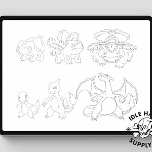May include: Black and white line art illustrations of various Pokemon characters, including Charmander, Bulbasaur, Venusaur, Charmeleon, and Charizard. The illustrations are on a white background. The image includes the text "IDLE HANDS SUPPLY CO."