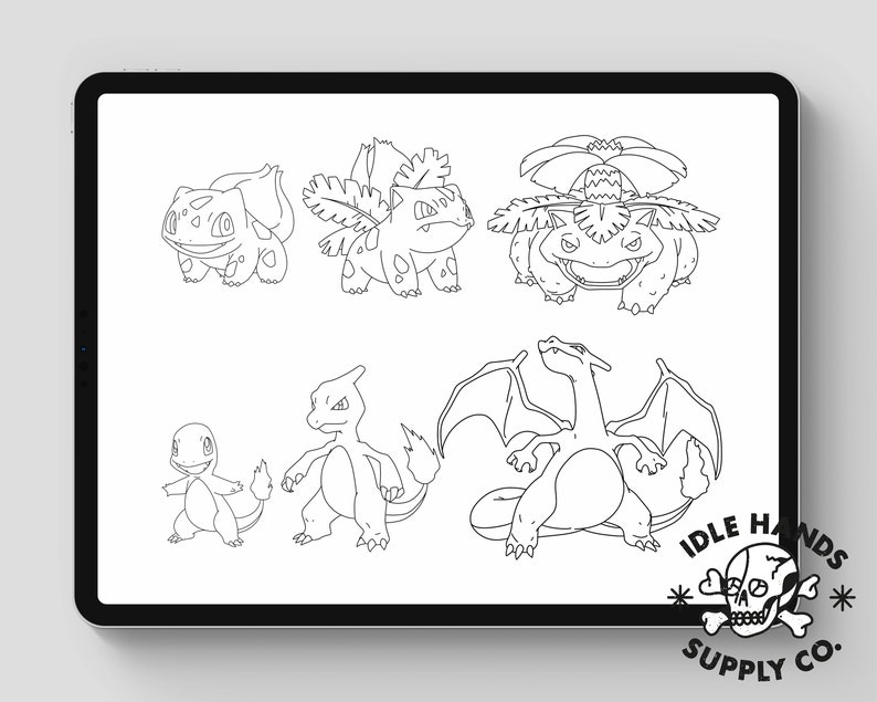 May include: Black and white line art illustrations of various Pokemon characters, including Charmander, Bulbasaur, Venusaur, Charmeleon, and Charizard. The illustrations are on a white background. The image includes the text "IDLE HANDS SUPPLY CO."