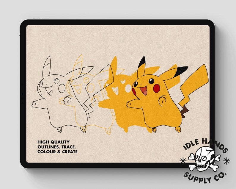 May include: A black and white line drawing of Pikachu, a yellow electric-type Pokemon, with a yellow, orange, and red color overlay. The image includes the text "HIGH QUALITY OUTLINES, TRACE, COLOUR & CREATE" and the logo "IDLE HANDS SUPPLY CO."