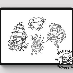 May include: Black and white line art tattoo flash sheet with designs including a ship, a heart with the word "NAME" on a banner, a bird, a snake wrapped around a skull, and a skull with crossbones and the text "IDLE HANDS SUPPLY CO."