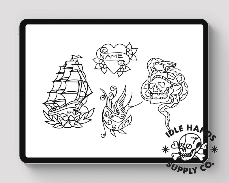 May include: Black and white line art tattoo flash sheet with designs including a ship, a heart with the word "NAME" on a banner, a bird, a snake wrapped around a skull, and a skull with crossbones and the text "IDLE HANDS SUPPLY CO."