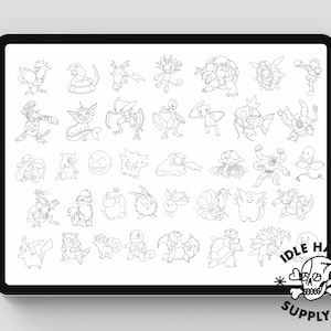 May include: Black and white line art illustrations of various Pokemon characters. The illustrations are arranged in a grid pattern on a white background.