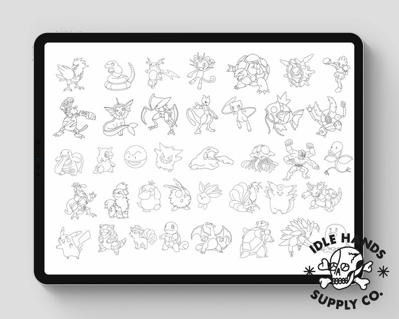 May include: Black and white line art illustrations of various Pokemon characters. The illustrations are arranged in a grid pattern on a white background.