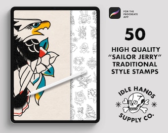 50 Procreate Traditional Tattoo ‘Sailor Jerry' Style stamps, Procreate Stamp, Brushes / Digital Download