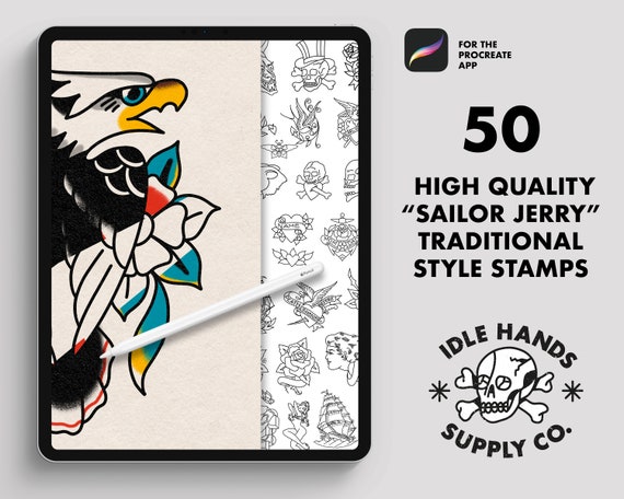 50 Procreate Traditional Tattoo ‘Sailor Jerry' Style stamps, Procreate Stamp, Brushes / Digital Download