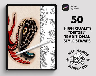 50 Procreate Traditional Tattoo ‘Dietzel' Style stamps, Procreate Stamp, Brushes / Digital Download