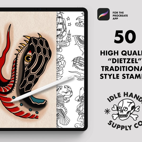 50 Procreate Traditional Tattoo ‘Dietzel' Style stamps, Procreate Stamp, Brushes / Digital Download
