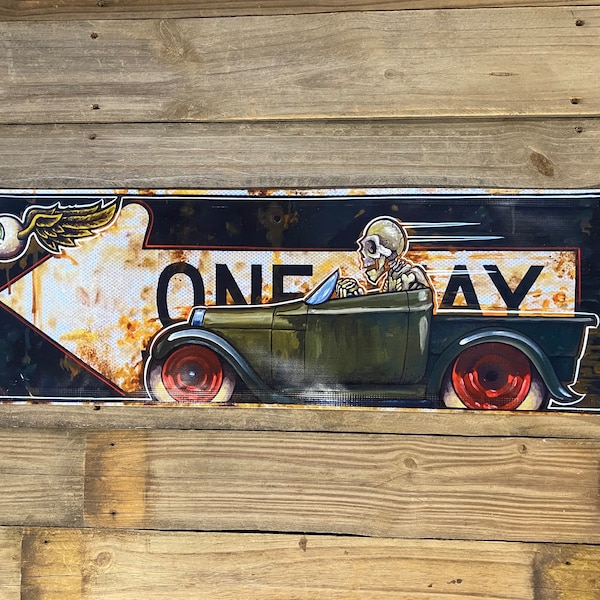 Banner skeleton truck one way 1’x3’ hixgarage