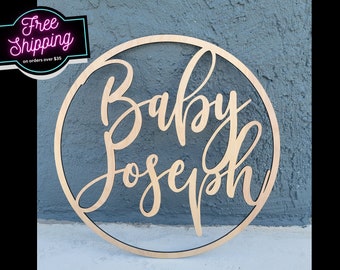 Custom Round Baby Name Sign  Nursery Wall Art  Baby Shower Décor  Personalized Wooden Baby Announcement Laser Cut Sign