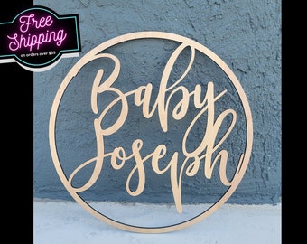 Custom Round Baby Name Sign, Nursery Name Sign, Babyshower Decorations, Wooden Baby Announcement, Custom Name Laser Cutout