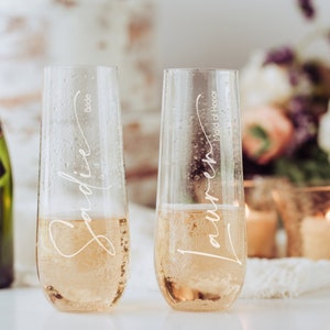 Engraved Bride and Bridesmaids Stemless Champagne Flutes, Bridal Party Personalized Glass, Bachelorette Party Name Wine Glasses