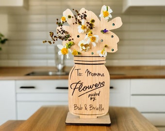 Regalo personalizado del Día de las Madres, Flores recogidas para mamá, Puesto de flores, Flores silvestres para mamá, Titular de flores, Florero personalizado, Regalo de la abuela