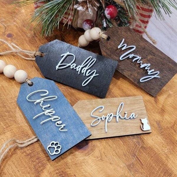 Etichette personalizzate con nome da fattoria per decorazioni natalizie per calze di Natale Etichette per calze di legno Etichette regalo di Natale Nome 3D tagliato al laser