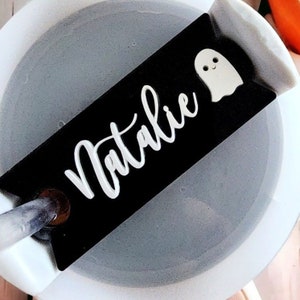 Custom Halloween Name Tag for Cup, Personalized Name Plate Topper with Ghost Insulated, Lid Acrylic Name, Accessories Stainless Steel