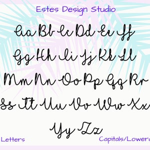 May include: A graphic showing the alphabet in a cursive font style. The letters are written in black on a light purple and blue background with a palm leaf pattern.