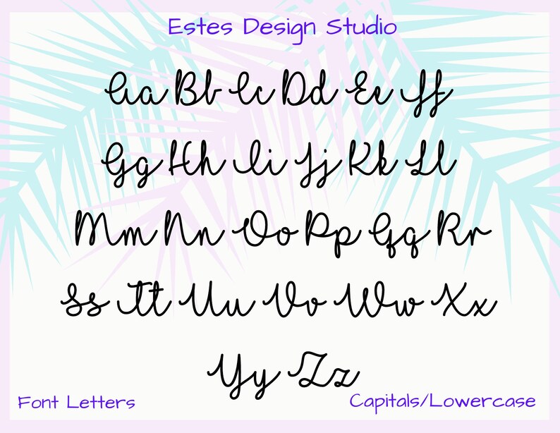 May include: A graphic showing the alphabet in a cursive font style. The letters are written in black on a light purple and blue background with a palm leaf pattern.