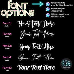 Puede incluir: Gr&aacute;fico negro con opciones de fuente. Las palabras "FONT OPTIONS" est&aacute;n en verde ne&oacute;n y rosa. Se muestran cinco estilos de fuente con el texto "Your Text Here" en blanco. Tambi&eacute;n se incluye el texto "Font preview links are in the listing description".