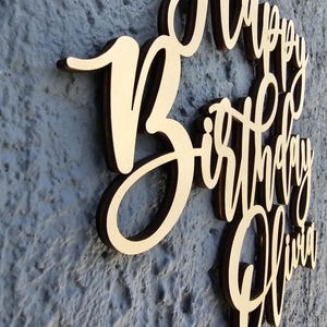 K&ouml;nnte beinhalten: Ein Holzschild mit dem Schriftzug "Happy Birthday Olivia" in einer Schreibschrift. Das Schild hat eine hellbraune Farbe mit dunkelbraunen Kanten und ist an einer strukturierten grauen Wand befestigt.
