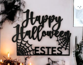 Personalized Halloween Family Name Sign Spooky Last Name Door Hanger Custom Fall Autumn Home Decor Last Name Spider Web Wood Party Sign