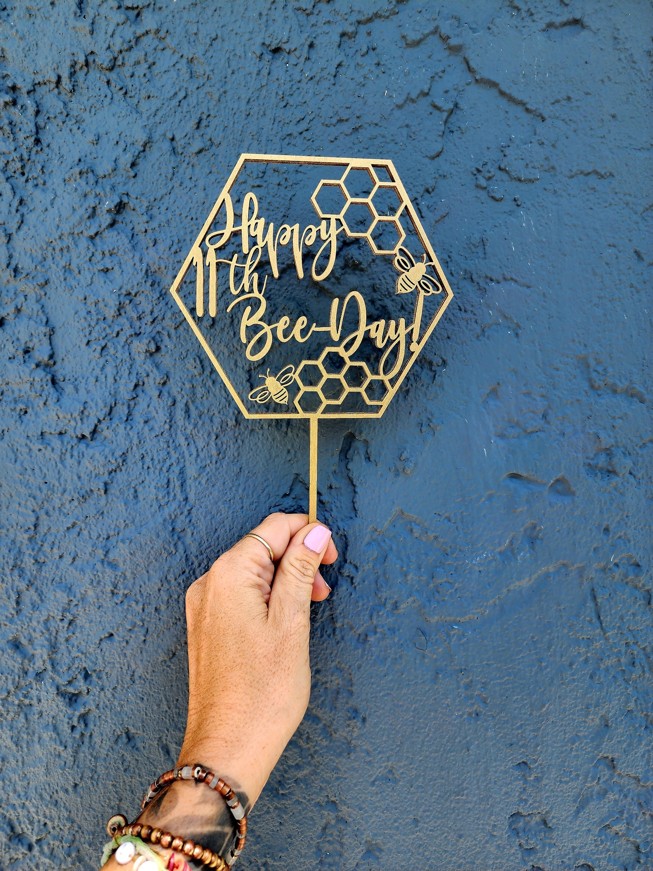 Custom Bee Day Cake Topper Happy Bee Day Party Decorations Bee Themed Birthday Party Personalized Bee Honeycomb Caketopper