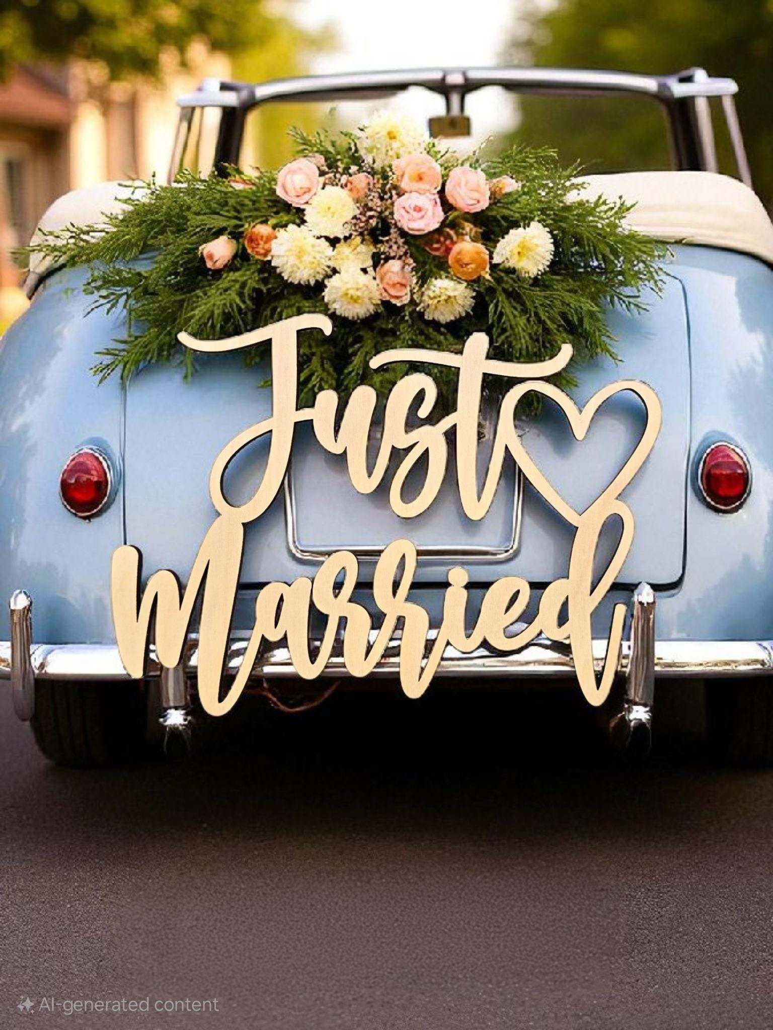 Just Married Wedding Car Decorated With Flowers On A Road. Classic