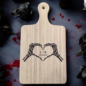 Halloween Wedding Gift Cutting Board customized with Skeleton Heart Hands and Couples Initials and Wedding Date Spooky Kitchen Display
