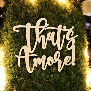 K&ouml;nnte beinhalten: Ein Holzschild mit dem Schriftzug "That's Amore!" in geschwungener Schrift, montiert auf einer Wand aus gr&uuml;nem Moos. Das Schild wird von Deckenleuchten beleuchtet, was eine warme Atmosph&auml;re schafft. Ideal f&uuml;r Hochzeiten oder besondere Anl&auml;sse.