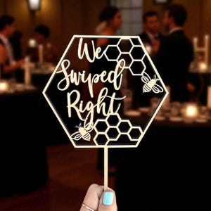 We Swiped Right Cake Topper | Hexagon Honeycomb with Bees | Rustic Wedding Cake Topper | Bumble Bee Engagement Party Décor