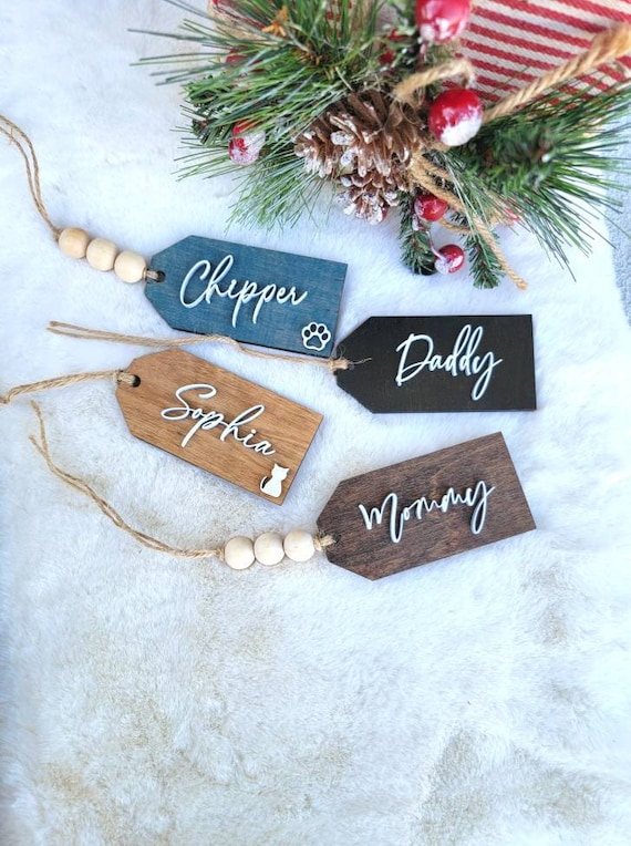 Personalized Christmas Stockings Boho Wooden Name Tags – PaisleyGroveGIFTS