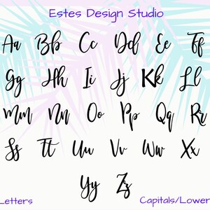 May include: A graphic showing the alphabet in a handwritten font style. The letters are in black against a light blue and purple background with a tropical leaf pattern.