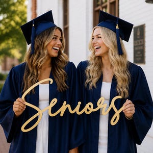 May include: A gold-colored script sign featuring the word Seniors in a cursive font. The sign is held by two individuals wearing navy blue graduation gowns and matching navy blue mortarboard caps with gold tassels, over white dresses.