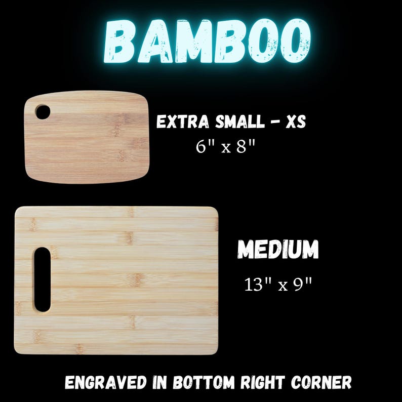 three different sizes of bamboo cutting boards, each labeled with its corresponding size. The first cutting board is labeled as "EXTRA SMALL - XS", the second as "MEDIUM", and the third as "EXTRA SMALL - XS". The image also includes the text "ENGRAGED IN BOTTOM RIGHT CORNER" at the bottom.