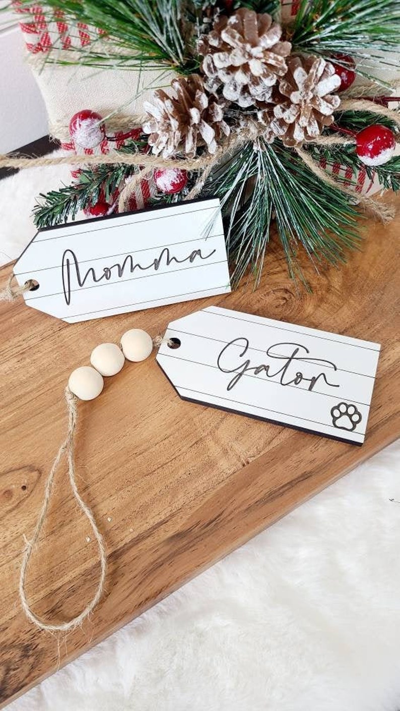 Personalized Shiplap Christmas Stocking Tags, Christmas Name Tags, Faux Ship Lap Name Tags, Personalized Laser Engraved Tags image 4