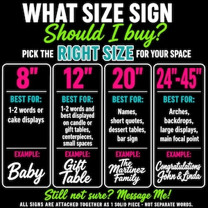 May include: A black sign with white and neon green text, offering size recommendations for signs. It features size options of 8", 12", 20", and 24"-45", with examples like "Baby", "Gift Table", and "The Martinez Family".