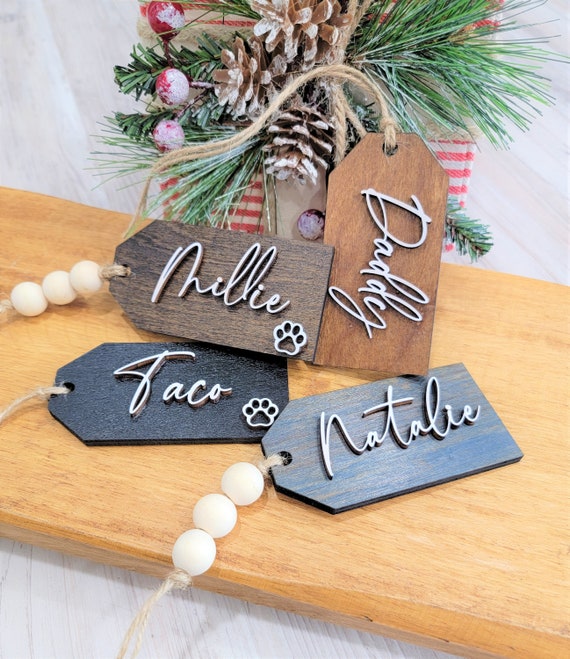 Christmas Stocking Name Tag With Truck and Snow Scene Name Place Cards Personalized Christmas Gift Tags Laser Cut Wooden Gift Tags