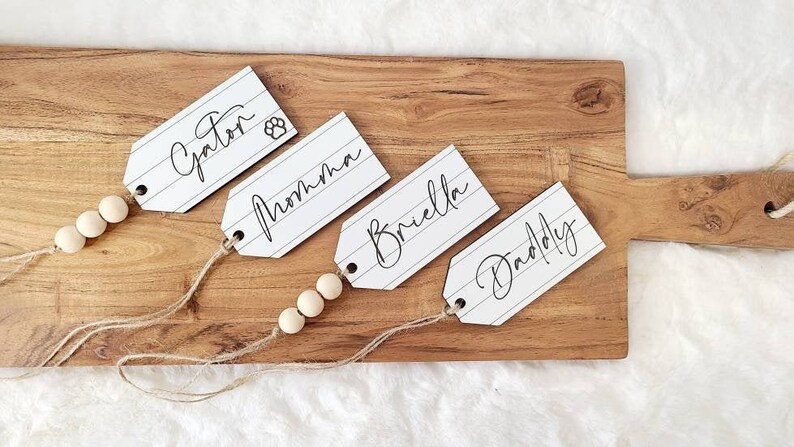 Personalized Shiplap Christmas Stocking Tags, Christmas Name Tags, Faux Ship Lap Name Tags, Personalized Laser Engraved Tags image 1