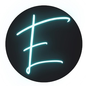 May include: A glowing, stylized letter "E" in a teal color, set against a dark gray circular background. The design has a neon-like appearance, with a smooth, curved font. The overall aesthetic is modern and minimalist.